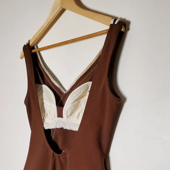60s Sweetheart Brown Vintage One Piece Swimsuit with White Striped Lining - Picture 6 of 13